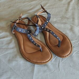 Born Blue T-Strap Studded Sandals with Tan Footbed